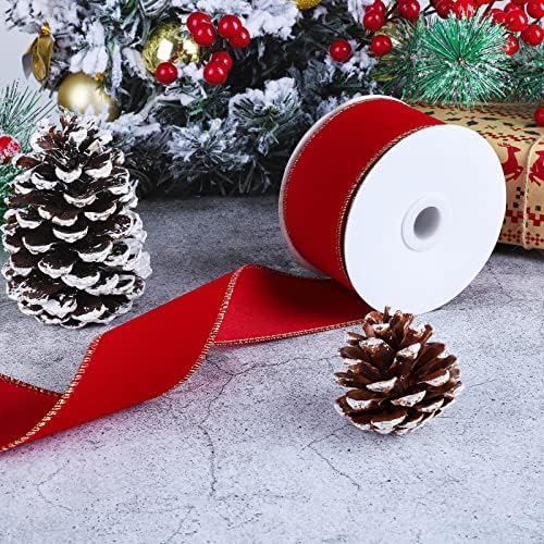 Uratot Christmas Red Velvet Gold Edge com fio Fita de fita fita Fita de Natal Ribbon para embalagem de presentes,