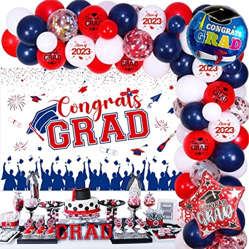 Decorações de festas de graduação vermelha e azul 2023, parabéns decorações de graduação cenário, turma de 2023 Garland Garland Arch Kit para a festa de formatura do ensino médio