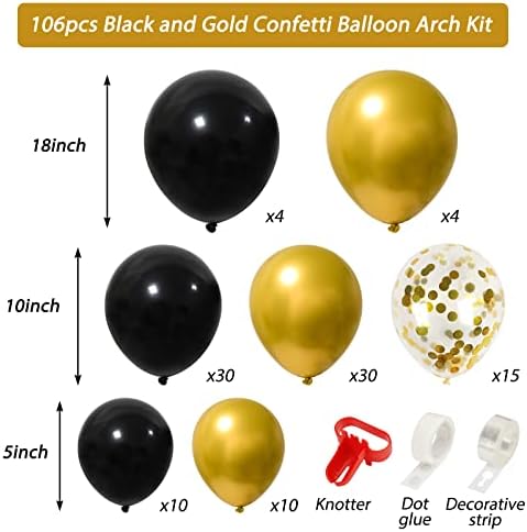 Holicolor 106pcs Balões pretos e dourados Kit de arco de guirlanda, 5 polegadas de confete de látex de 5 polegadas