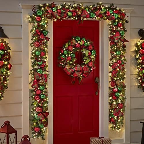 Pomobie Decoração de Natal Vermelho e verde acabamento de férias para porta da frente, galhos mortos anel de