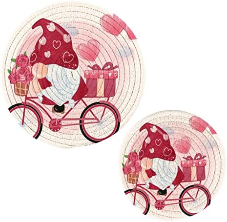 Alaza Gnome romântico fofo com bicicletas Potholders Trivets Definir suportes de algodão Hot Pot Set