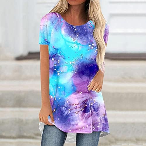 Camiseta de blusa gráfica de mármore para o outono feminino no verão de manga curta algodão do pescoço de