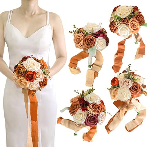 LOOKEIN Conjunto de 4 buquê de dama de honra para casamento de 7 polegadas Flores artificiais Buquê Buquê de buquê