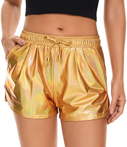 Taydey Shorts metálicos para mulheres quentes shorts brilhantes brilhantes com cordão elástico
