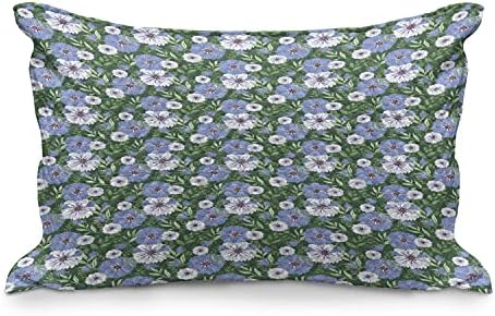 Ambesonne Floral acolchoado Caso de travesseiros, teto azul e branco Flores de prado colorido folhas