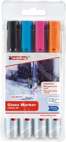 Edding 95 Glass Marker - Luz multicolorida - 4 canetas de vidro - NIB redonda 1,5-3 mm - Pen do marcador de janela