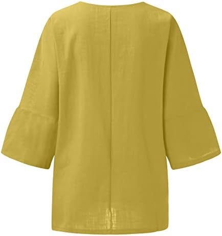 Blusa de linho do pescoço amarelo do amikadom para meninas adolescentes outono verão 3/4 de sino de manga impressão