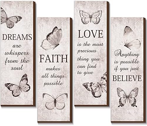 4 PCs Butterfly Citação inspiradora de madeira sinal de madeira Love Fé Believe Dream Decoração