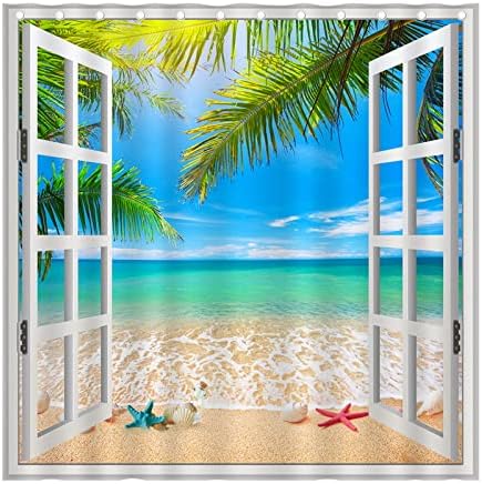 Cortina de chuveiro de praia oceânica de verão, cortina de chuveiro tropical do céu azul, cortina de chuveiro