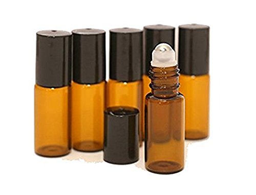 12pcs 5ml âmbar em vidro vazio garrafas com bolas de rolo de aço inoxidável e tampa preta para perfumes de óleo
