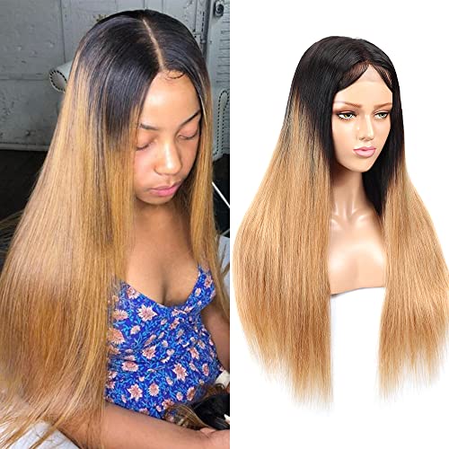 Alisfeel loira peruca brasileiro pêlos lisos de encerramento de renda para mulheres negras, 1b 27 cabelos humanos 4x4 polegadas ombre renda peruche