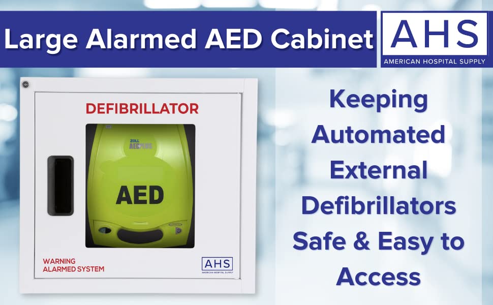 American Hospital Supply AED Gabinete | Gabinete grande alarmado | Se encaixa em todas as marcas de DEA