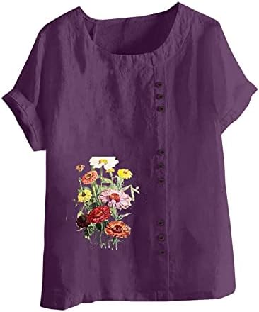 Camiseta da blusa para meninas adolescentes de linho de linho curto de algodão Crew Neck Daisy Floral Graphic