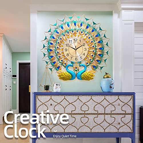 Grande relógio de parede de pavões para a decoração da sala de estar 28 polegadas de luxo de luxo que não toca