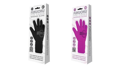 Fukuoku, com mão direita, cinco dedos vibrando o kit de luva de massagem, se encaixa pequena a média, rosa