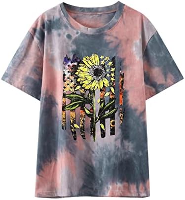 TIPA de tie feminina Top Top American Sunflower Print Floral Print Relaxed Tops Camisetas de manga curta Coloque de pescoço 2023 Wm