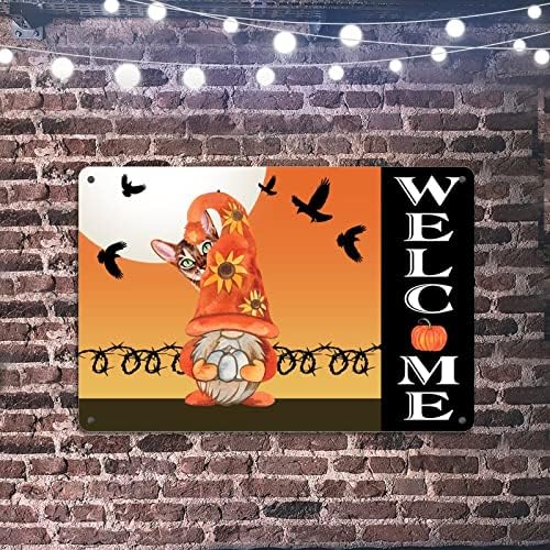 Halloween gnome bem -vindo a lata full Moon Crow metal sinal