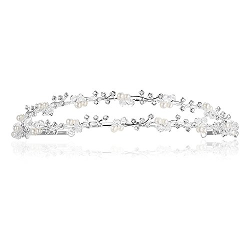 Double Band Vine Berry Flor Bridal Wedding Fand Tiara - Faux Pearls Silver Plating