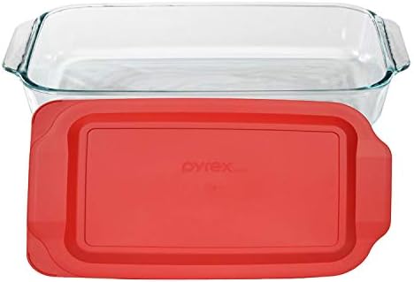Pyrex Basics 3 Banco oblonga de vidro de quart com tampa de plástico vermelho -13,2 polegadas x 8,9