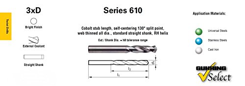 Guhring 9006100012000 3XD Series 610 Broca de comprimento de stub de cobalto, refrigerante externo,