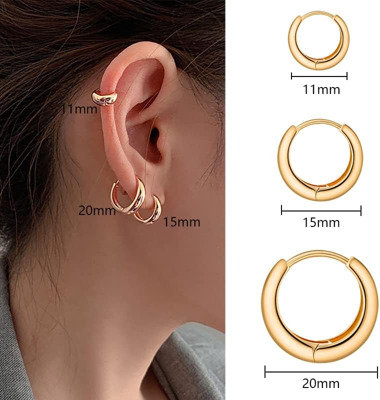 18k Brincos de argola de ouro para mulheres 3Pairs oval Huggies grossa definir jóias simples de orelha