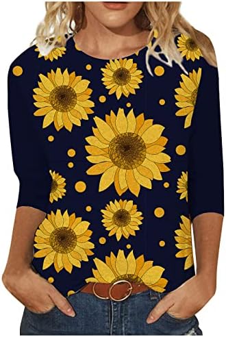 Caminhadas gráficas florais de girassol feminino blusas de pescoço tsshirts long 3/4 manga brunch de verão