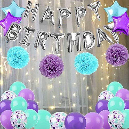 Decorações de aniversário azul e roxo de azul e roxo conjunto de sereia colorido- prata de parabéns banner de látex e confete balões guirlanda de papel e enorme número 45 balões para meninas 45º / 54º aniversário