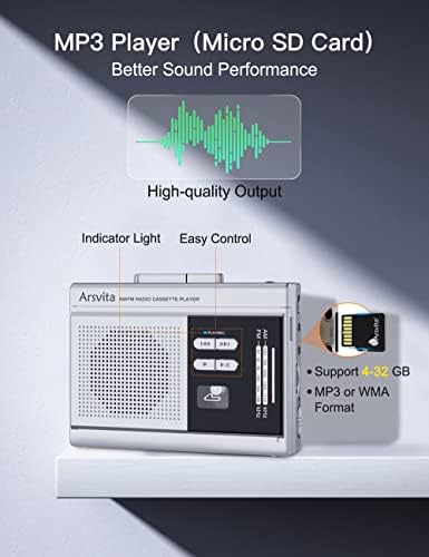 Arsvita portátil Cassette e gravador, cassete para MP3 Digital Converter, AM/FM Radio Tape Walkman, Micro SD