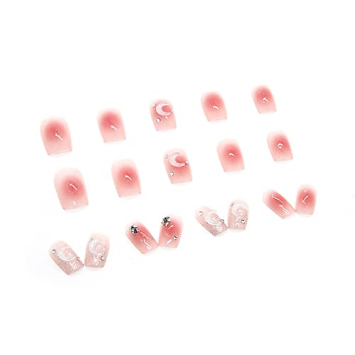 24 PCs Glitter Moon Pressione Pressione as unhas quadradas médias unhas falsas cola rosa brilhante em unhas capa