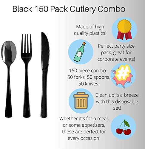 Utensílios de plástico preto de 150 pacote de plástico preto conjunto de talheres pesados ​​50 garfos de