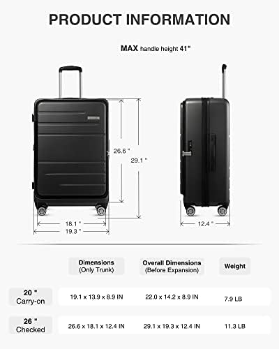 Luggex Carry On Bagage Conjuntos de 2 peças, PC de 20 polegadas de bagagem com compartimento de