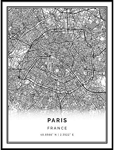 PRIMEIRA DE POSTER DE MAPA DE PARIS STACTERIAL | Arte da parede preta e branca moderna | Decoração
