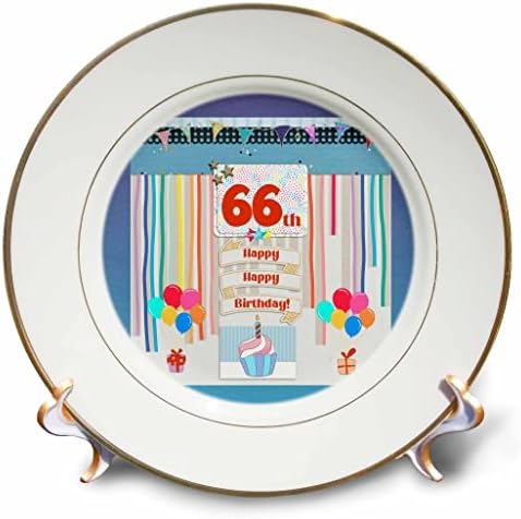 Imagem 3drose da 66ª etiqueta de aniversário, cupcake, vela, balões, presente, streamers - placas