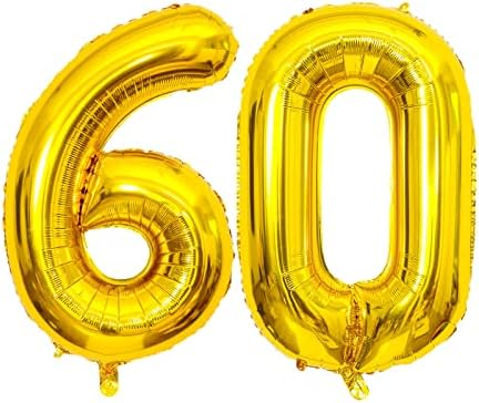 XLOOD Número 60 balões de 32 polegadas alfabeto de balão digital de 32 polegadas 60 anos Balões de aniversário Digit 60 Balões de hélio grandes balões para festas de aniversário Supplies Bachelorette Bachelorette Bridal, número de ouro 60th