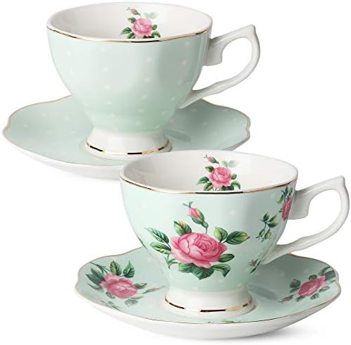 BTAT- xícaras de chá e pires florais, conjunto de 2 com acabamento e caixa de presente, xícaras de café,