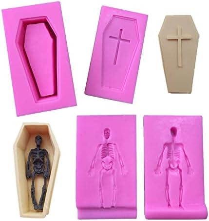 Pequeno caixão em 3D com molde de silicone de esqueleto humano cruzado para fondant, chocolate,