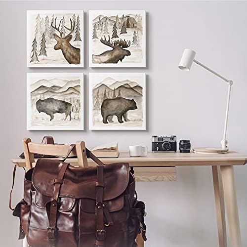 Stuell Industries Bosques rústicos Animais da floresta marrom Paisagem da montanha, projetada por Cindy Shamp Canvas Wall Art, 4pc, cada um 17 x 17