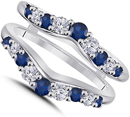 DS Jewels Women Weand Beand Enhancer Guard Ring 1/2 CTW Zircônia cúbica e Sapphire Blue CZ 14K Gold em 925 Sterling