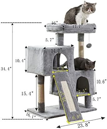 Torre de gato, 34,4 polegadas de gato com tábua de arranhão, 2 condomínios de luxo, torre de gatos para
