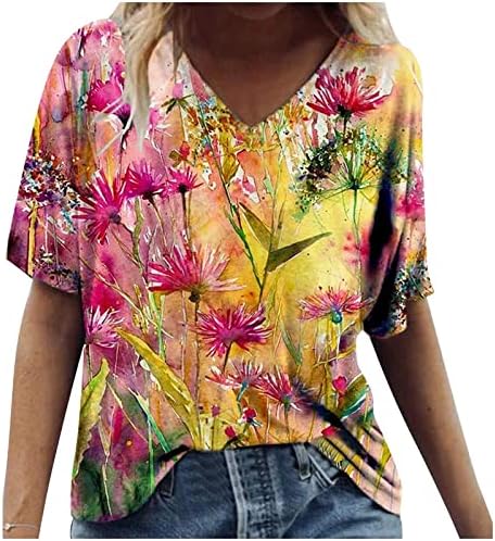 Mangas curtas Camisetas Mulheres estamadas de flores Casual Bloups V Nech Neck Summer saindo Tops