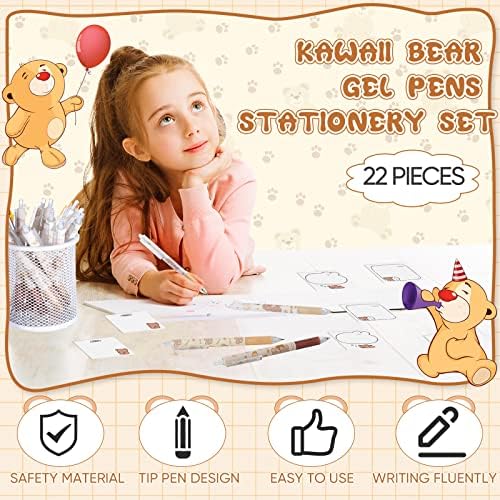 22 PCs Kawaii Gel Pen Conjuntos fofos engraçados caneta de urso insere japonês caneta caneta caneta kawaii papelaria fofa com adesivo de urso urso urso adesivo