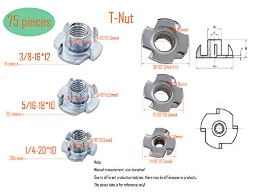 LBY 75pcs T-Nuts, T-Nuts Quatro garras Kit de sortimento de nozes, aço carbono, galvanizado, prata