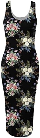 Lmdudan feminino sem mangas Round Neck Bodycon Dress 2023 Vestido de joelho com estampa floral
