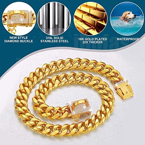 IDOFAS Gold Chain Collar Dog Collar 14mm Cola de cachorro Cuba com Bling CZ Diamonds Buckle 18k Gold Metal
