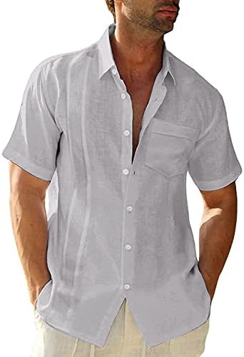 Camisas de linho de algodão Beibeia para masculino, Summer Men Button-Down Henley V Neck Dech Down Collar Tops