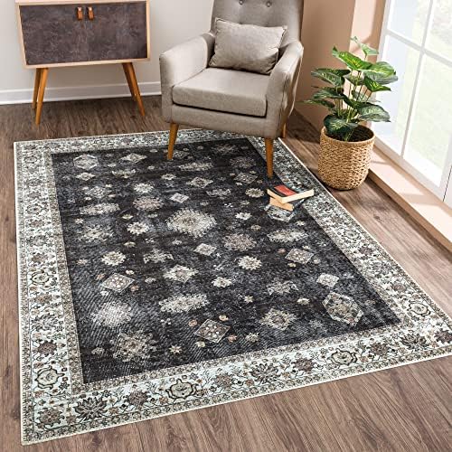 Tapetes Bloom Lavagem de 5 'x 7' Raqueiro - Black/Ivory Tapete tradicional da área persa para sala de estar, quarto,