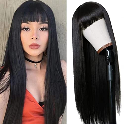 Meililai Long Straight Wig com franja para mulheres negras naturais de cor preta resistente a calor resistente