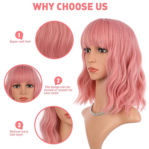 enilecor rosa quente rosa curto bob peruca e perucas rosa com franja plana
