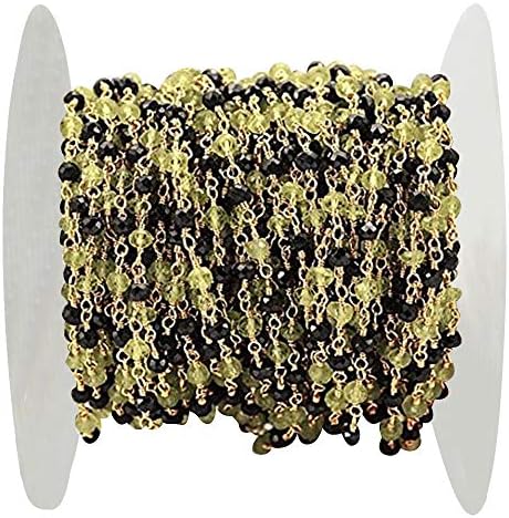 Spinel preto de 3 ft com peridoto, miçangas de 3-3,5 mm 24K, corrente de rosário embrulhada em ouro,