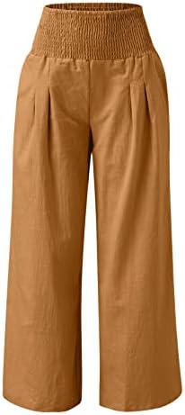 Calças de perna larga de linho para mulheres calças de perna larga de cor pura casuais de verão com bolsos de calça